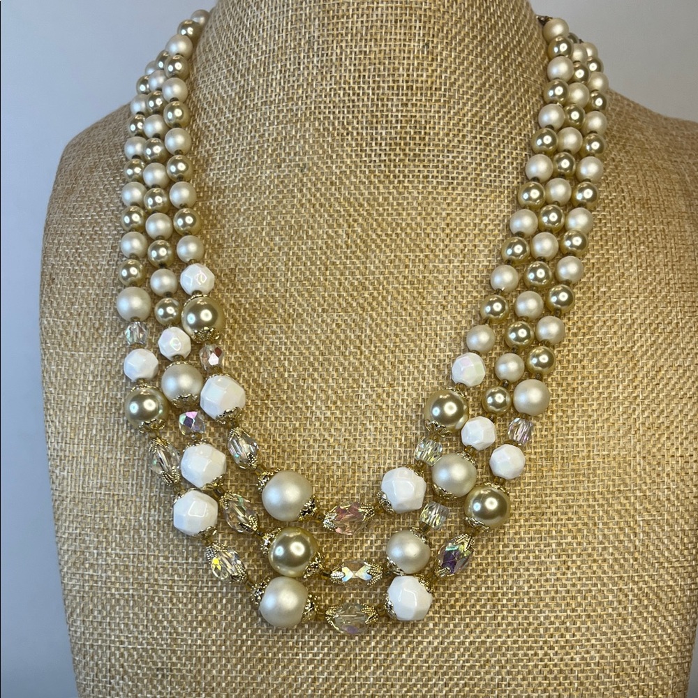 Japan Gold, Faceted White, and Crystal Triple Stand Necklace
